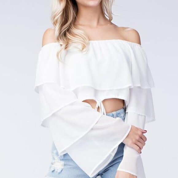 Lumiere Tops - NWT Lumiere White Off Shoulder White Oversized Rufflle Top